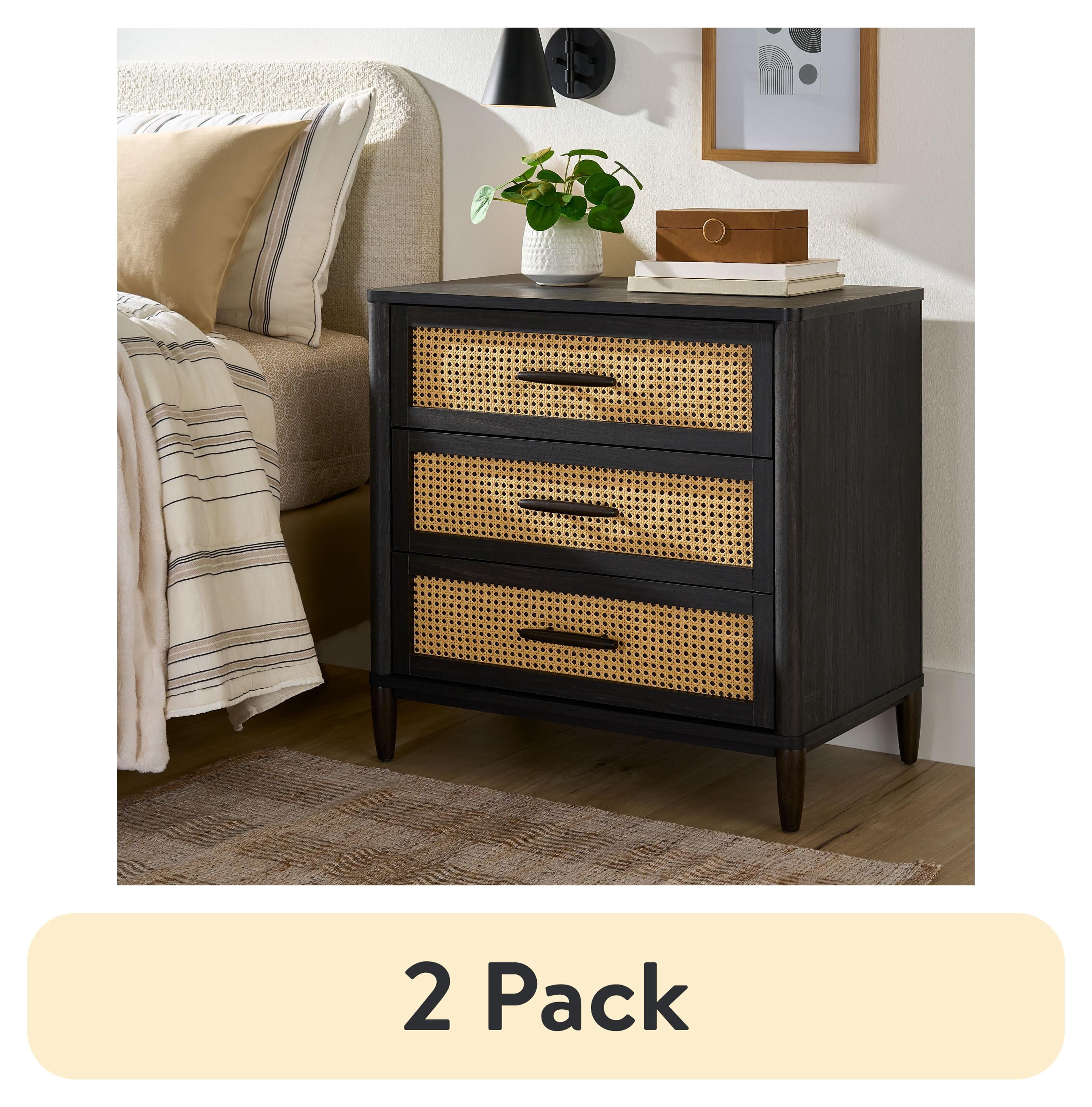 (2 pack) Better Homes & Gardens Springwood Caning 3-Drawer Nightstand with USB, Charcoal