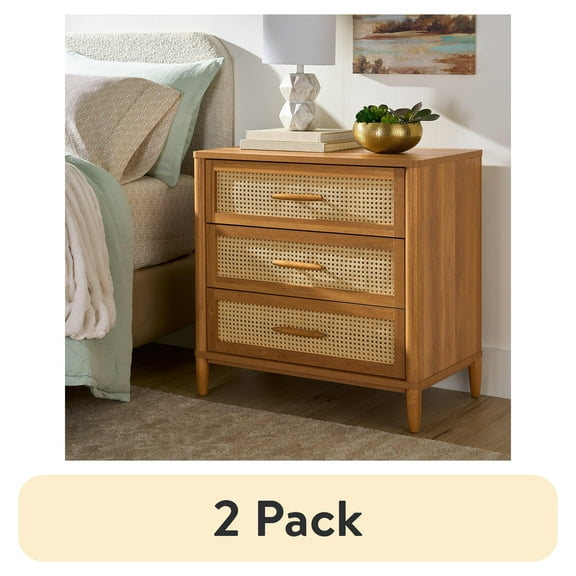 (2 pack) Better Homes & Gardens Springwood Caning 3-Drawer Nightstand with USB, Light Honey finish