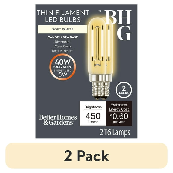 (1 pack) Better Homes & Gardens T6 LED Vintage Light Bulb, 5 Watts (40W Equivalent), Soft White, Thin Filament, E26, 2PK