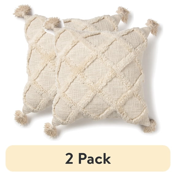 (2 pack) Better Homes & Gardens Tufted Trellis Decorative 20" Square Throw Pillow, Natural, 1 per Pack