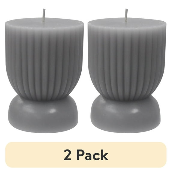 (2 pack) Better Homes & Gardens Unscented Ribbed Pillar Candle, 3x4 Inches, Gray