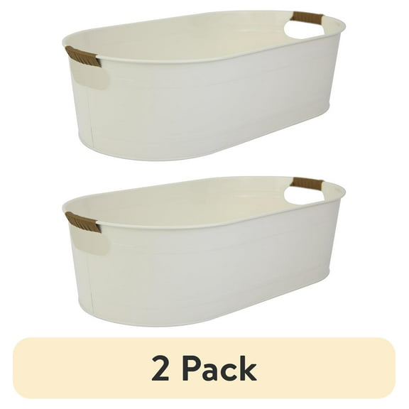 (2 pack) Better Homes & Gardens - Vanilla White Medium Oval Galvanized Tub BH24100108683F9, 20.27 in L x 11.22 in W x 5.7 in H