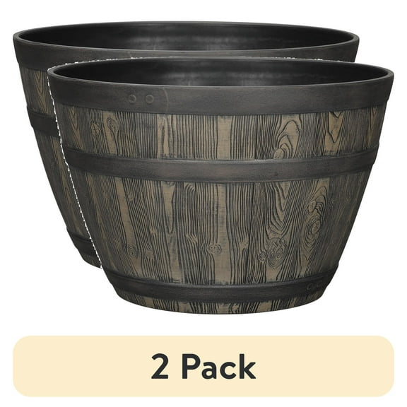 (2 pack) Better Homes & Gardens Whiskey Barrel Brown Resin Planter, 19.9in x 19.9in x 13in