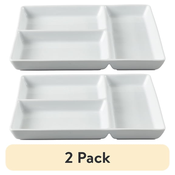 (2 pack) Better Homes & Gardens White Porcelain Rectangular Divided Tray, 9 x 10