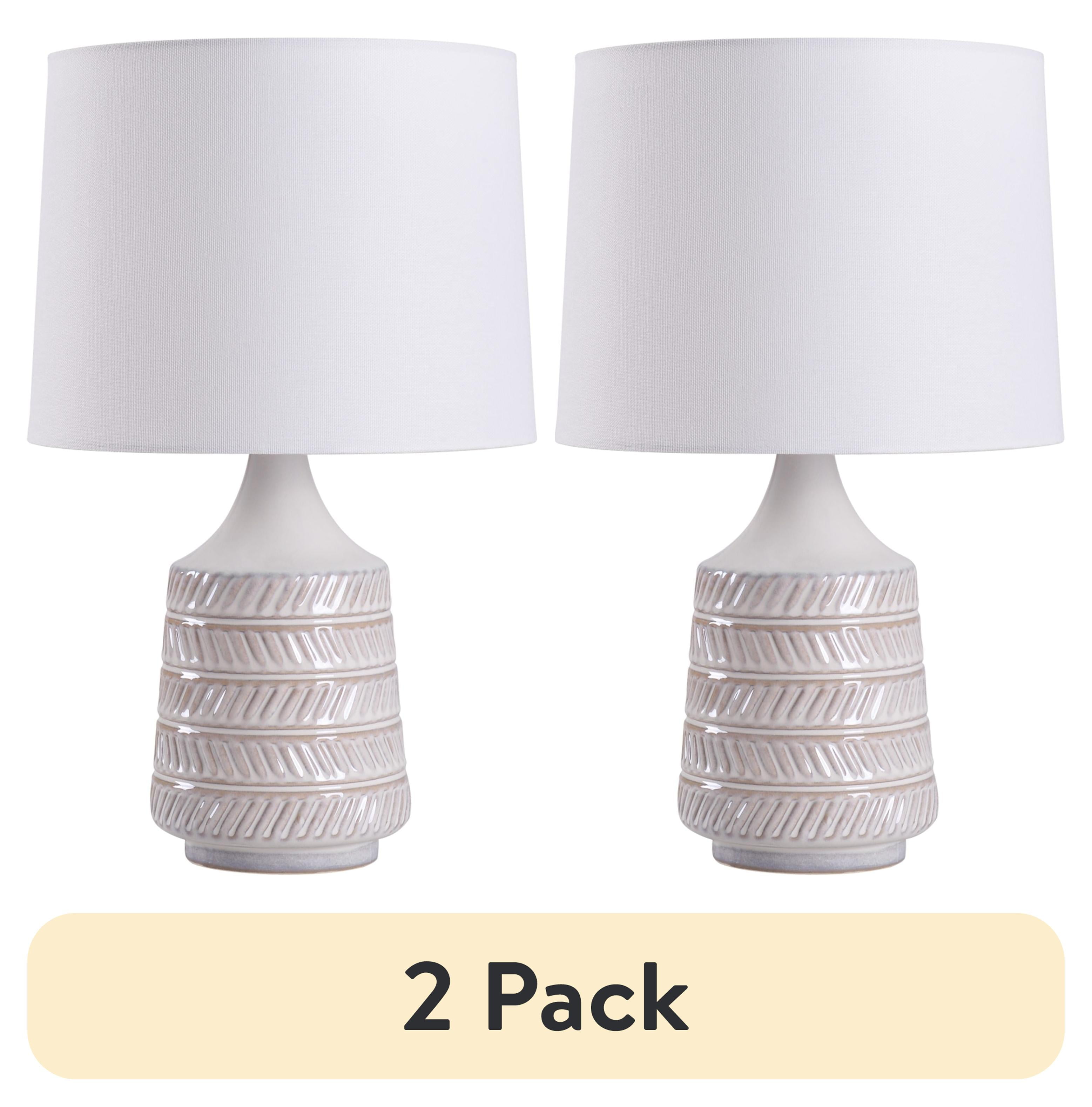 (2 pack) Better Homes & Gardens White and Beige Etched Ceramic Table Lamp with Shade 17"H