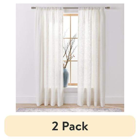 (2 pack) Better Homes & Gardens Woven Slub Rod Pocket Light Filtering Curtain Panel, 1-Piece, White, 52" W x 84" L