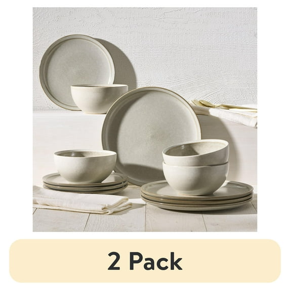 (2 pack) Better Homes and Gardens Banks Cream 12-Piece Stoneware Dinnerware Set