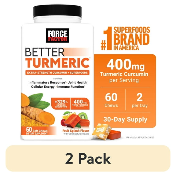 (2 pack) Force Factor Better Turmeric, Turmeric Curcumin Supplement with Ginger for Joint Health & Inflammation Support, Fruit Splash, 60 Soft Chews
