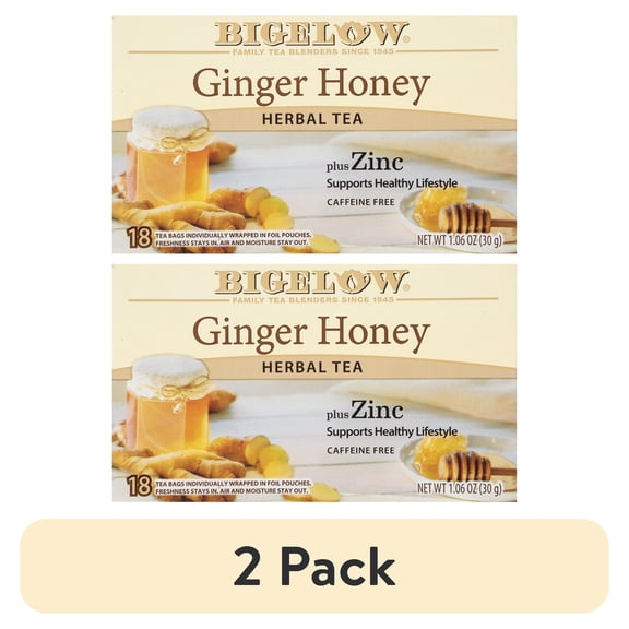 (2 pack) Bigelow Ginger Honey Plus Zinc, Caffeine Free, Herbal Tea Bags, 18 Count