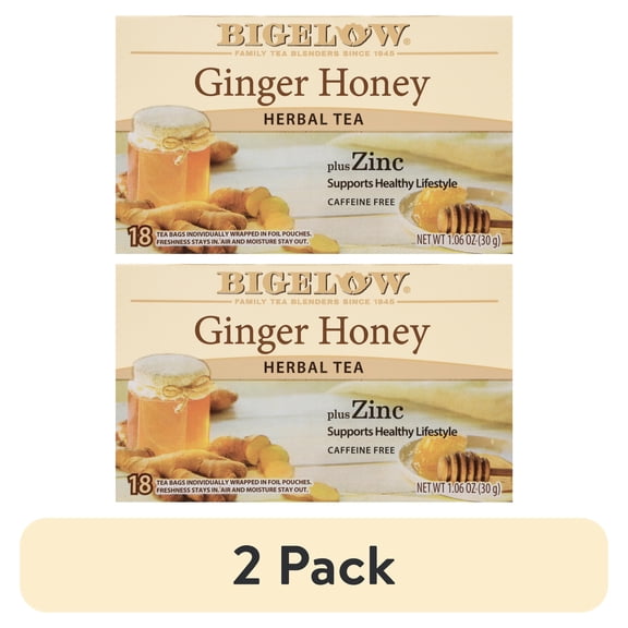(2 pack) Bigelow Ginger Honey Plus Zinc, Caffeine Free, Herbal Tea Bags, 18 Count