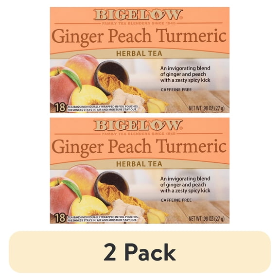 (2 pack) Bigelow Ginger Peach Tumeric, Caffeine Free, Herbal Tea Bags, 18 Count