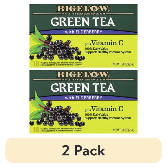 (2 pack) Bigelow Green Tea with Elderberry, Plus Vitamin C, Tea Bags, 18 Count