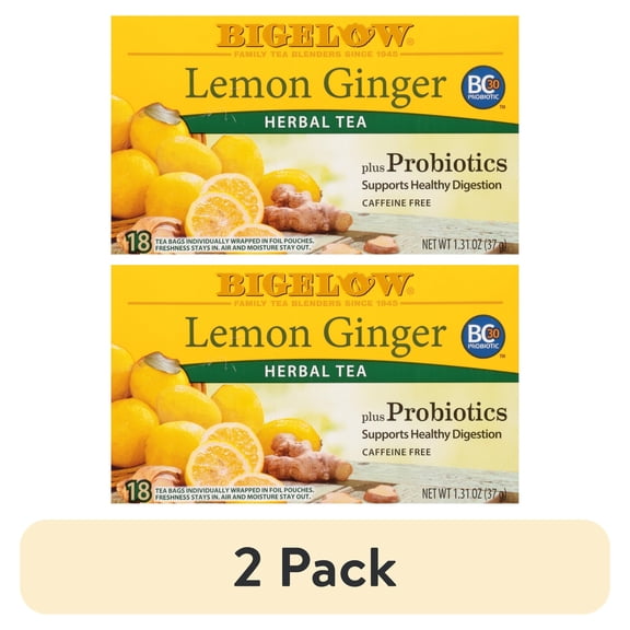 (2 pack) Bigelow Lemon Ginger Plus Probiotics, Caffeine Free, Herbal Tea Bags, 18 Count