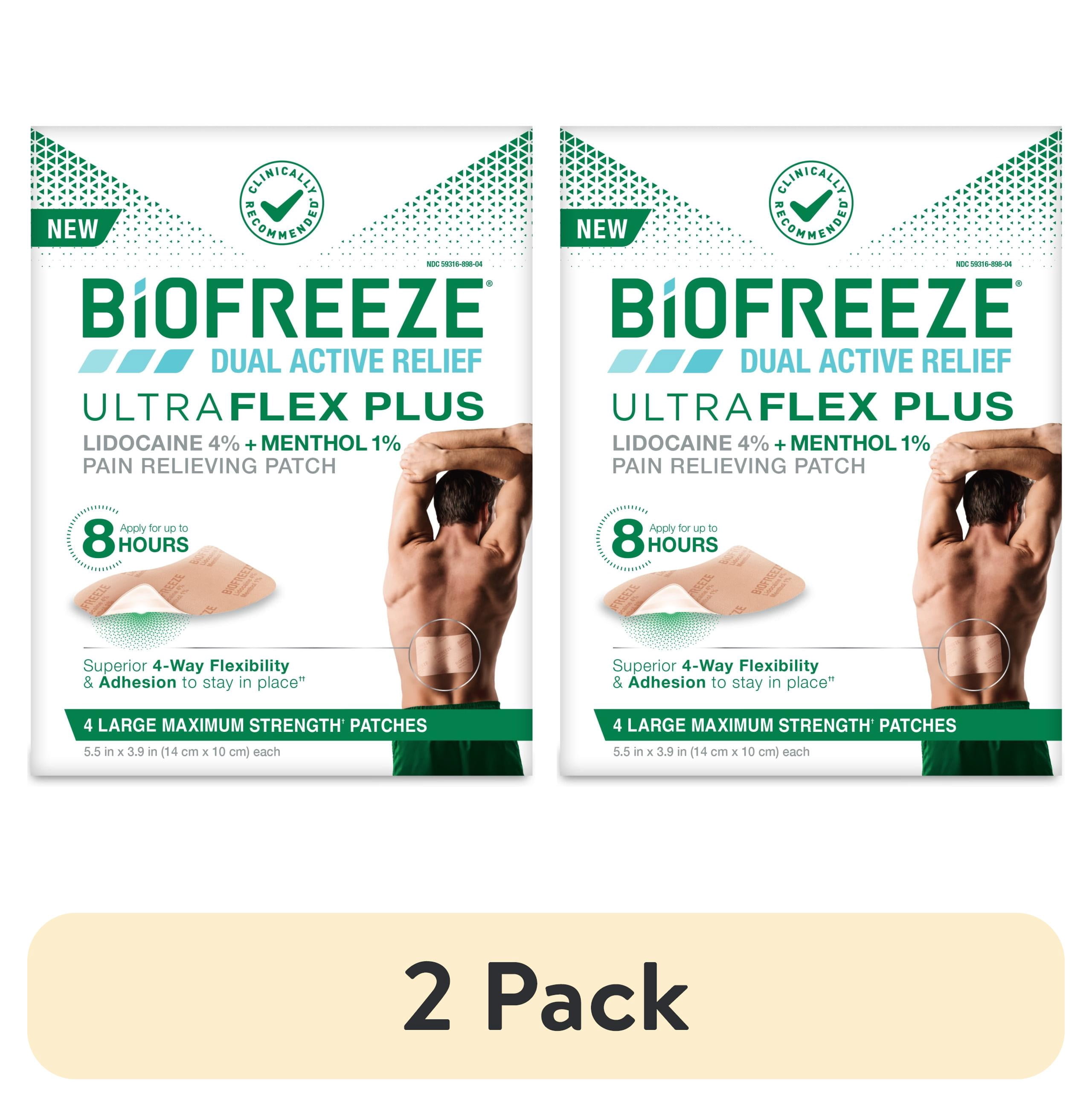 (2 pack) Biofreeze Ultraflex Plus Maximum Strength 4% Lidocaine Patches with Menthol, Flexible Pain Relief Patch for Lower Back, Lidocaine Patch for Neck, Knee, Shoulder, 4 Large Pain Patches