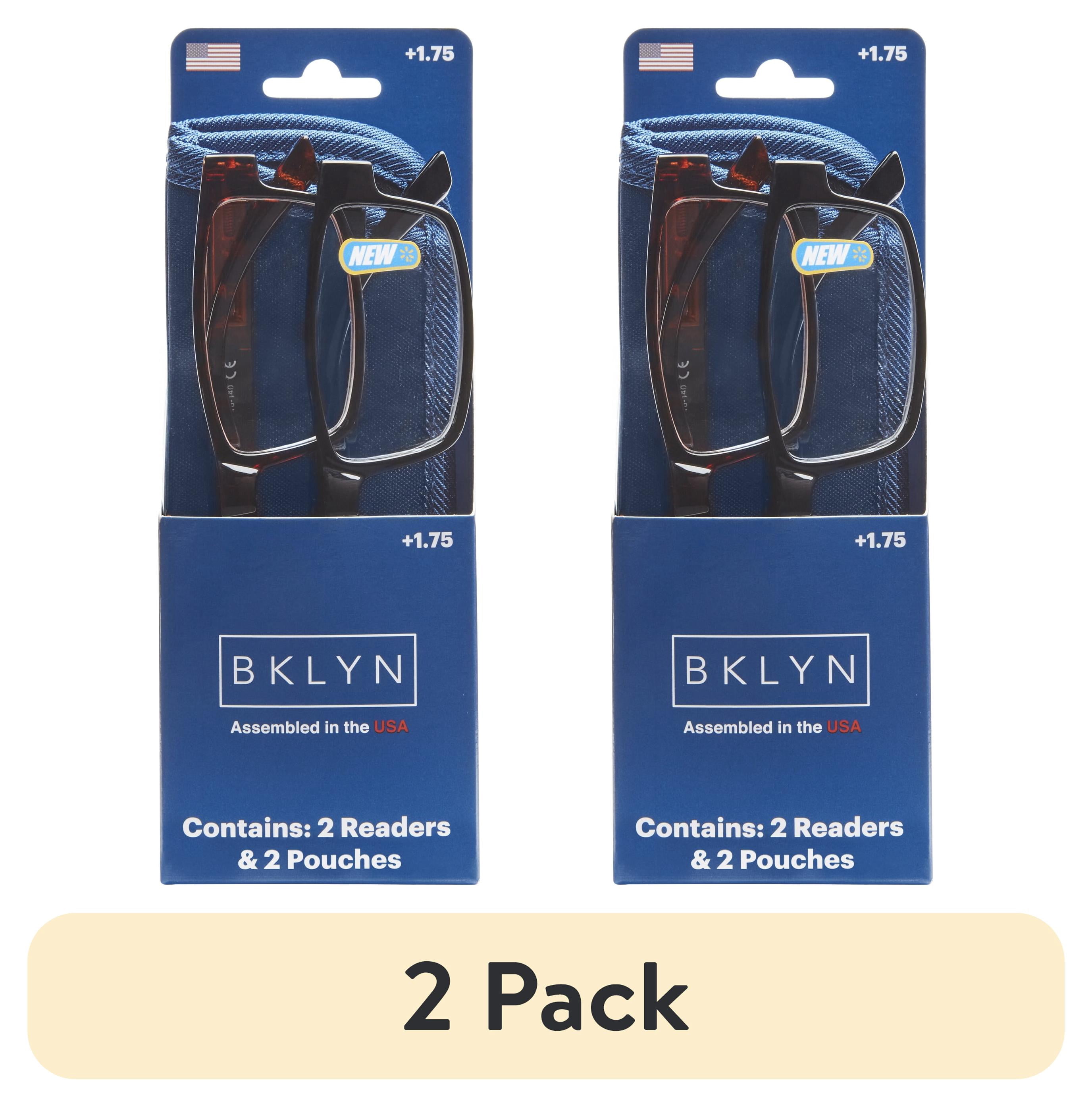 (2 pack) Bklyn, Sumner +1.75, Adult, Mens, Rectangle Plastic Reading Glasses & Pouches Value Pack , 2 Ea
