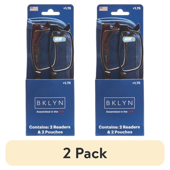 (2 pack) Bklyn, Sumner +1.75, Adult, Mens, Rectangle Plastic Reading Glasses & Pouches Value Pack , 2 Ea