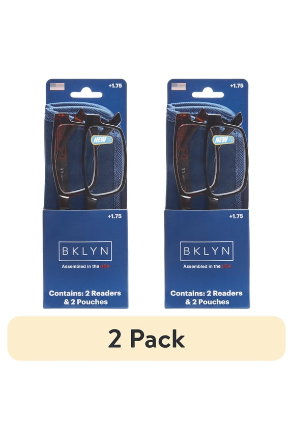 (2 pack) Bklyn, Sumner +1.75, Adult, Mens, Rectangle Plastic Reading Glasses & Pouches Value Pack , 2 Ea