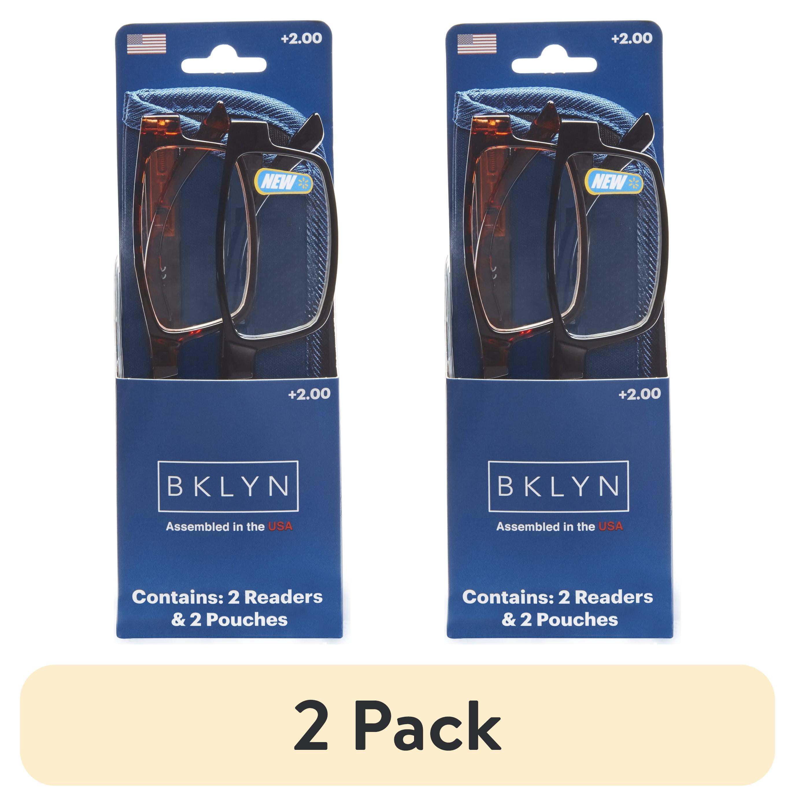 (2 pack) Bklyn, Sumner +2.00, Adult, Mens, Rectangle Plastic Reading Glasses & Pouches Value Pack , 2 Ea