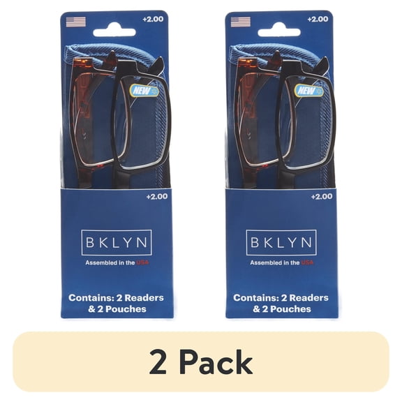(2 pack) Bklyn, Sumner +2.00, Adult, Mens, Rectangle Plastic Reading Glasses & Pouches Value Pack , 2 Ea