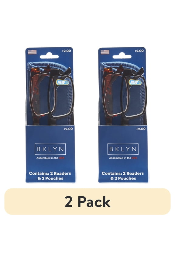 (2 pack) Bklyn, Sumner +2.00, Adult, Mens, Rectangle Plastic Reading Glasses & Pouches Value Pack , 2 Ea
