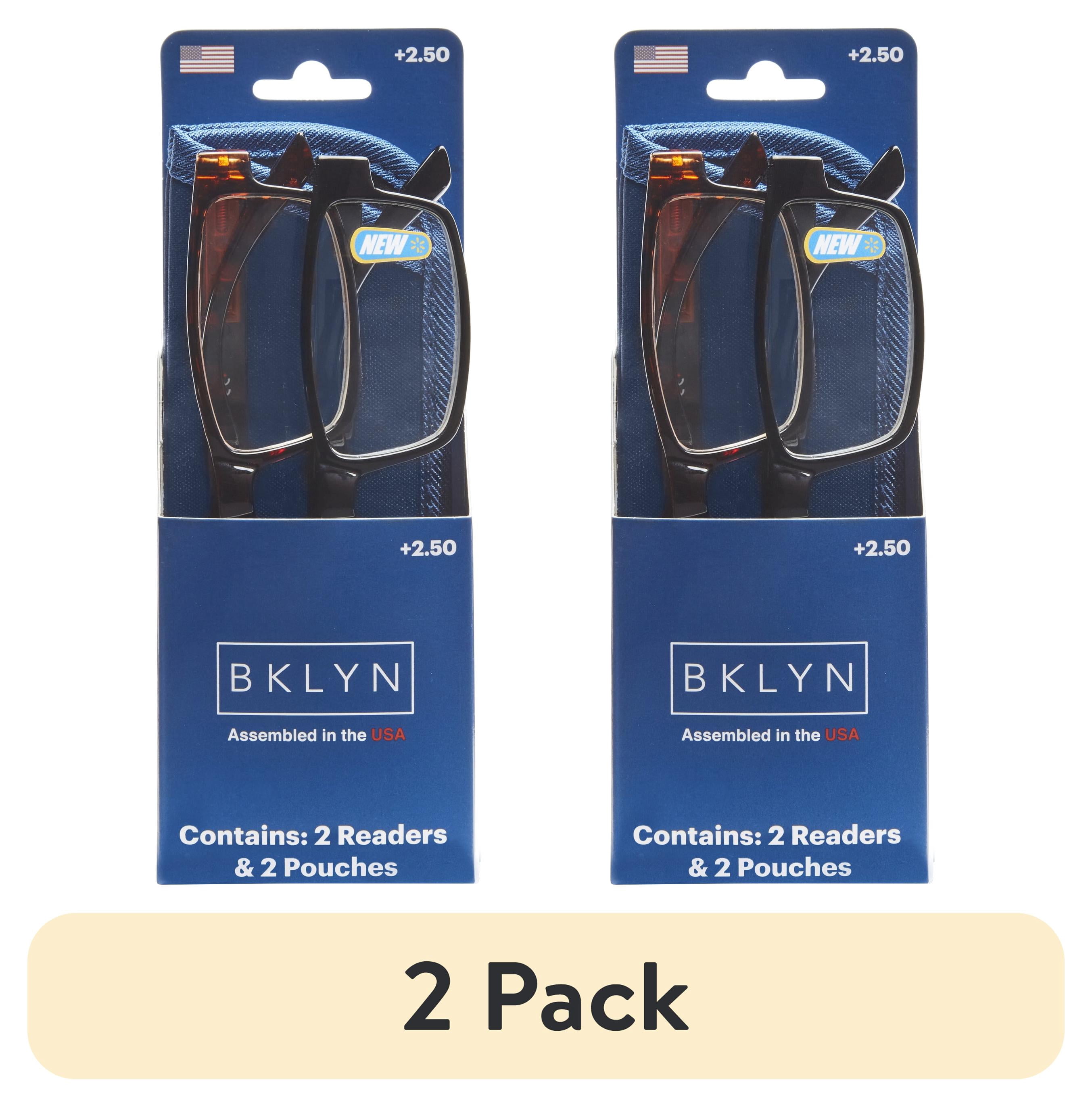 (2 pack) Bklyn, Sumner +2.50, Adult, Mens, Rectangle Plastic Reading Glasses & Pouches Value Pack , 2 Ea