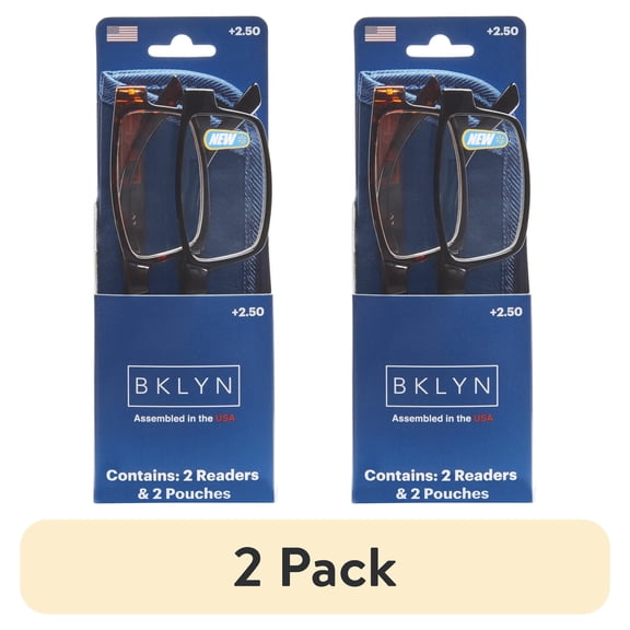 (2 pack) Bklyn, Sumner +2.50, Adult, Mens, Rectangle Plastic Reading Glasses & Pouches Value Pack , 2 Ea