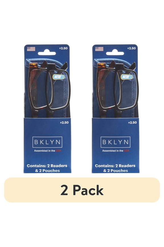 (2 pack) Bklyn, Sumner +2.50, Adult, Mens, Rectangle Plastic Reading Glasses & Pouches Value Pack , 2 Ea