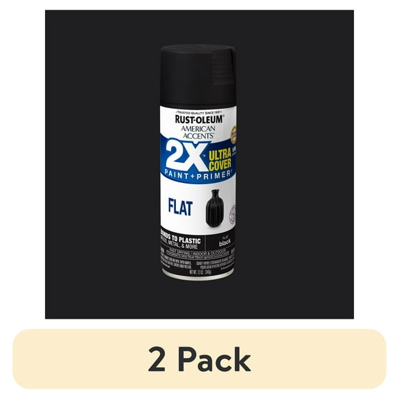 (2 pack) Black, Rust-Oleum American Accents 2X Ultra Cover Flat Spray Paint-327866, 12 oz