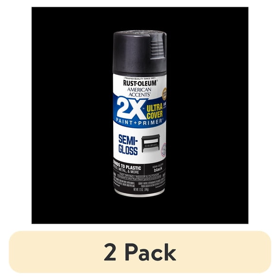 (2 pack) Black, Rust-Oleum American Accents 2X Ultra Cover Semi-Gloss Spray Paint-327950, 12 oz