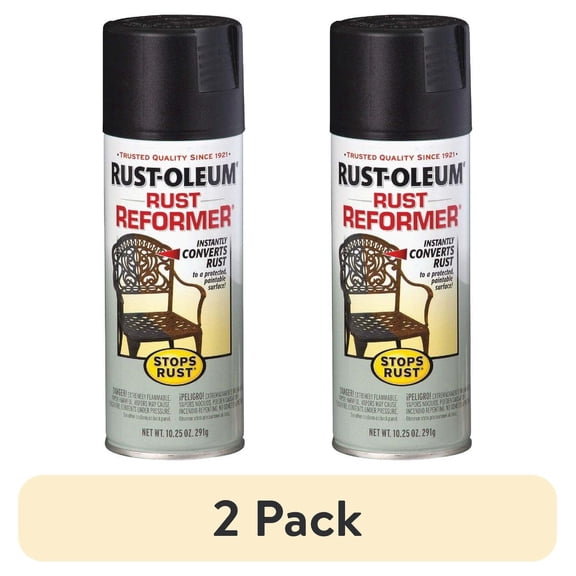 (2 pack) Black, Rust-Oleum Stops Rust, Rust Reformer Flat Spray Paint- 215215, 10.25 oz
