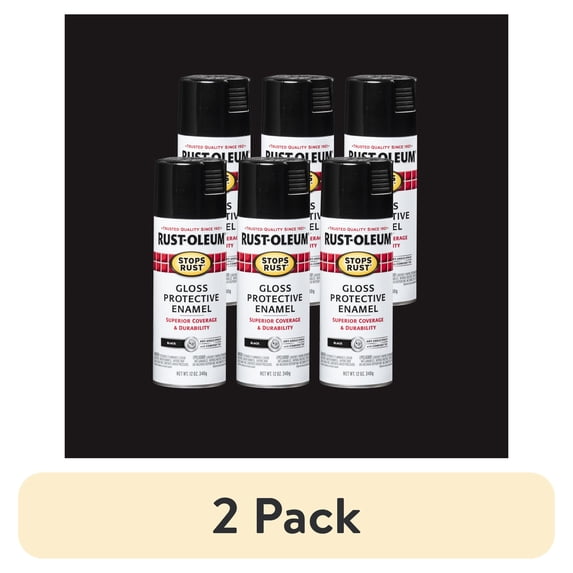 (2 pack) Black, Rust-Oleum Stops Rust Gloss Protective Enamel Spray Paint, 12 oz, 6 Pack