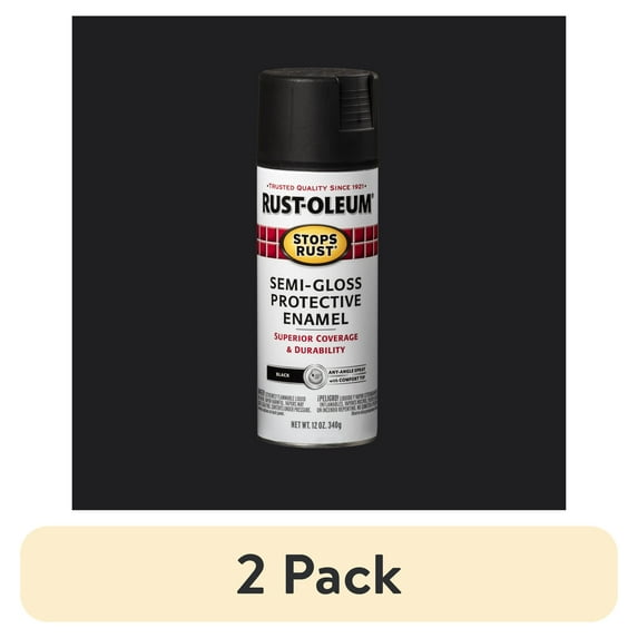 (2 pack) Black, Rust-Oleum Stops Rust Protective Enamel Semi-Gloss Spray Paint-7798830, 12 oz