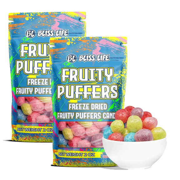 (2 pack) Bliss Life Fruity Puffers Freeze Dried Candy, Crunchy Sweet, For Parties, Goodie Bags, Snack, 2 oz