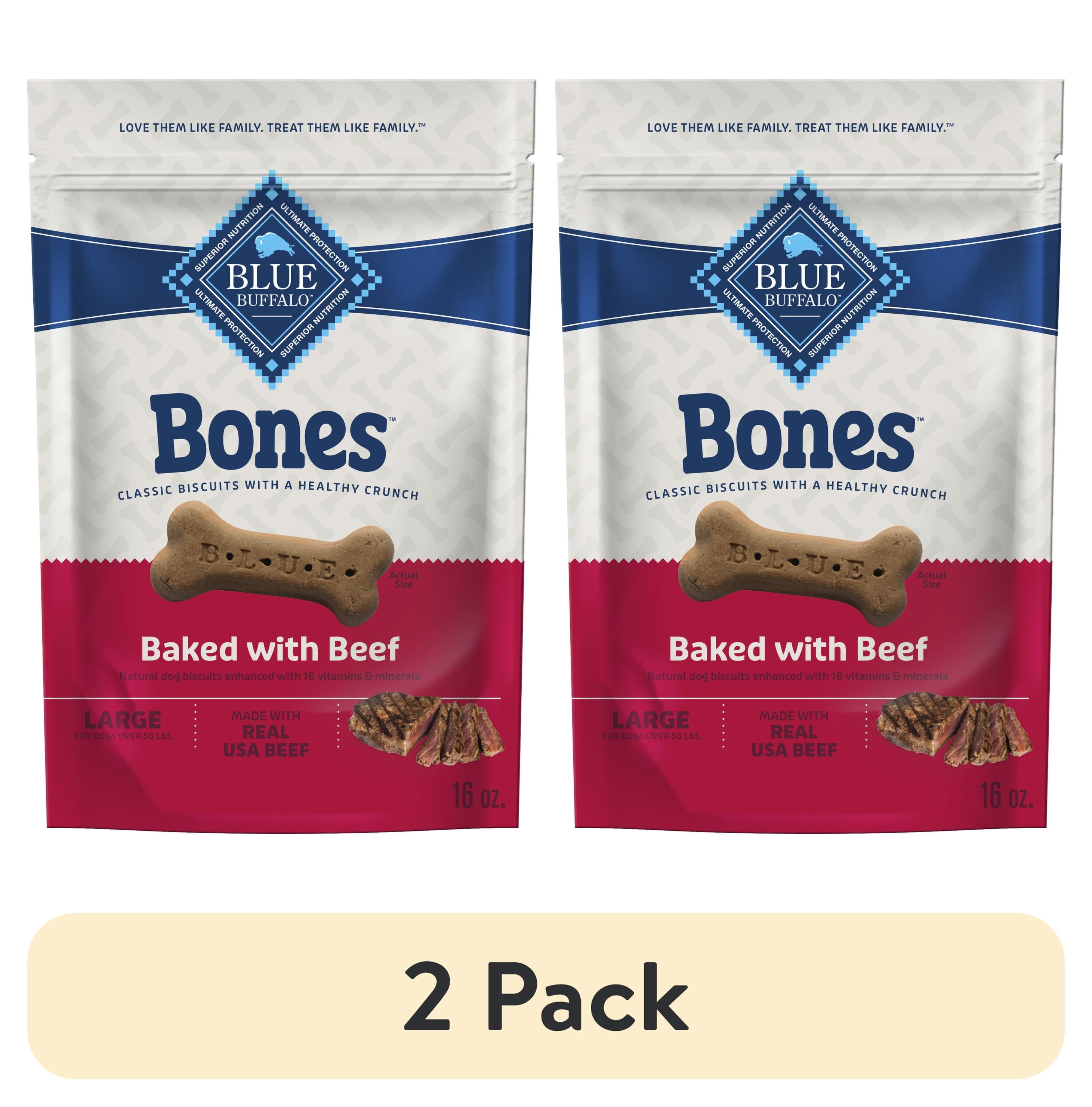 (2 pack) Blue Buffalo Bones Natural Crunchy Dog Treats, Large Dog Biscuits, Beef 16-oz