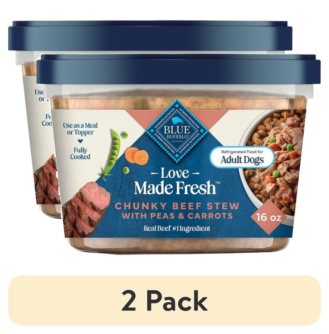 (2 pack) Blue Buffalo Love Made Fresh Dog Food, Refrigerated, Chunky Beef Stew, 1-lb Tub
