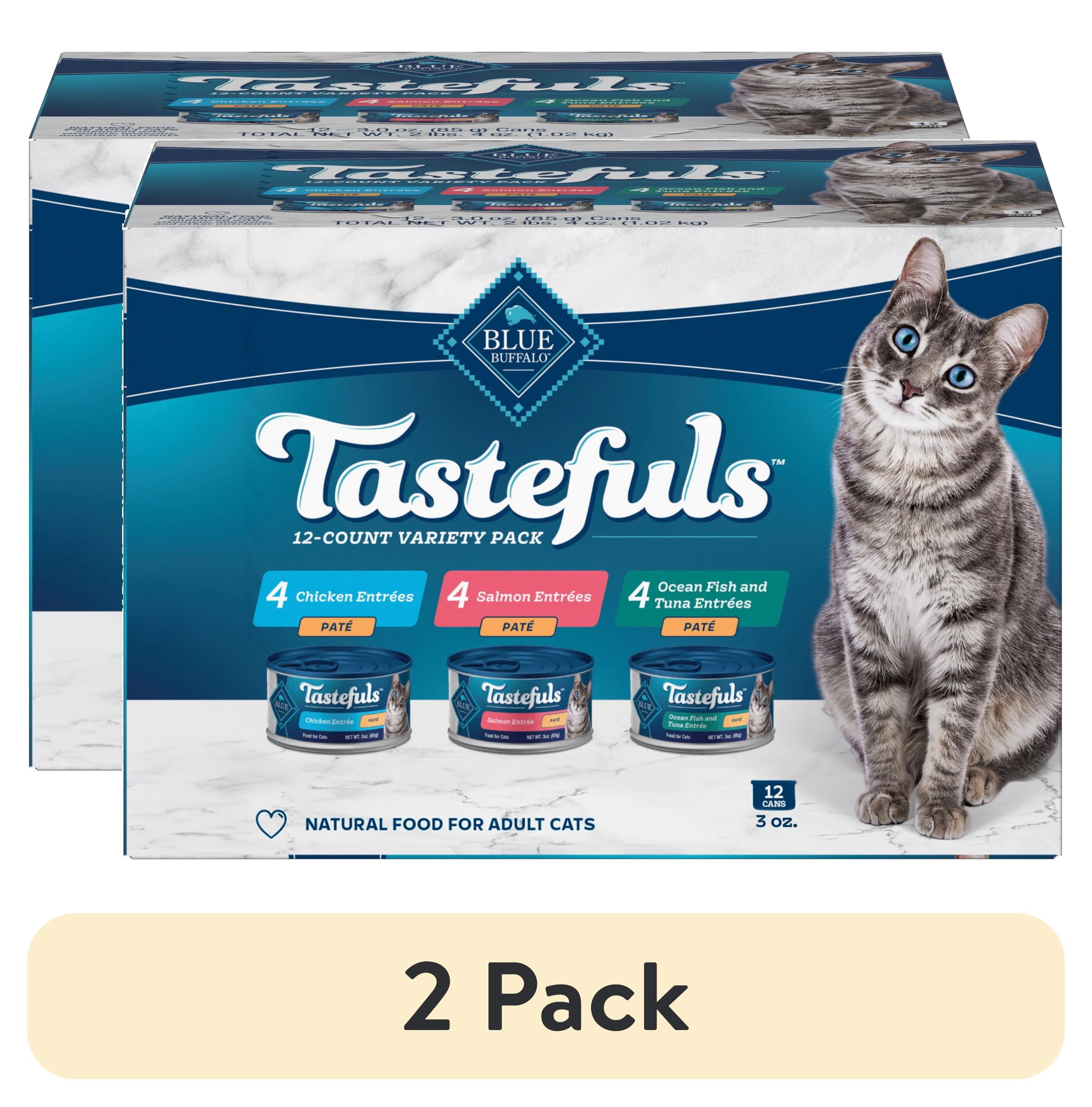 (2 pack) Blue Buffalo Tastefuls Natural Pate Wet Cat Food Variety Pack, Salmon, Chicken, Ocean Fish & Tuna Entrées 3-oz Cans (12 Count - 4 of Each Flavor)