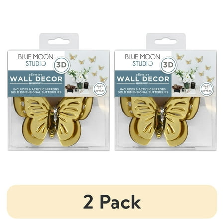 (2 pack) Blue Moon Studio Gold 3D Butterfly Mirror Wall Decals, Adult/Teen/Tween, 6 Pack