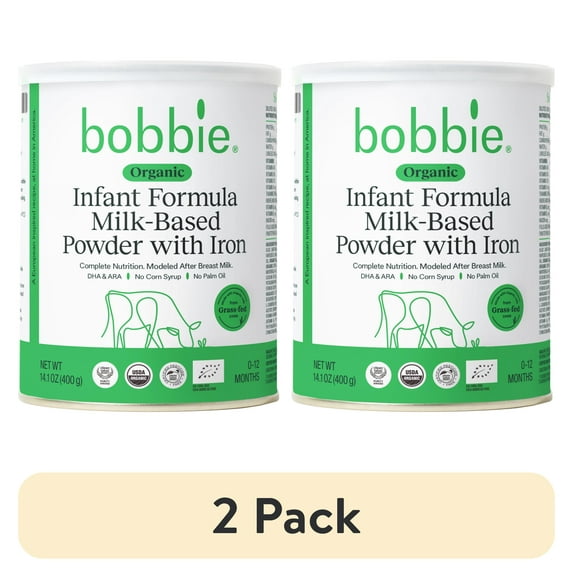 (2 pack) Bobbie Organic Original Infant Formula for Everyday Feeding, Milk-Based Powder with 1.2mg Iron, Skim Milk Recipe, Certified USDA Organic, 14.1 oz Can