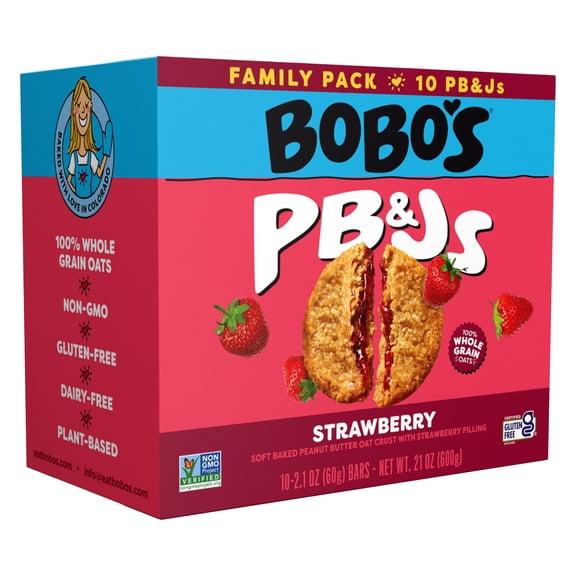 2 pack Bobo's PB&Js, Peanut Butter Oat Crust With Strawberry Filling, 10 Pack of 2.1oz oat snacks