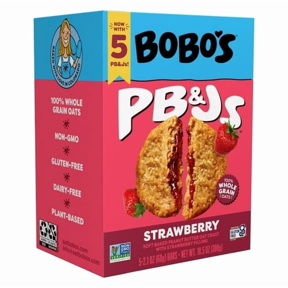 2 pack Bobo's PB&Js, Peanut Butter Oat Crust With Strawberry Filling, 5 Pack of 2.1oz oat snacks