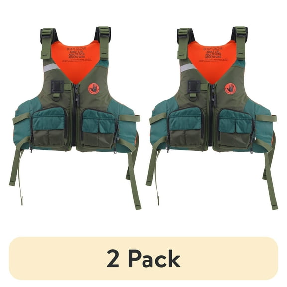 (2 pack) Body Glove Adult Fishing PFD Life Jacket and Vest, Zipper, Unisex, Dual Size L/XL, Green