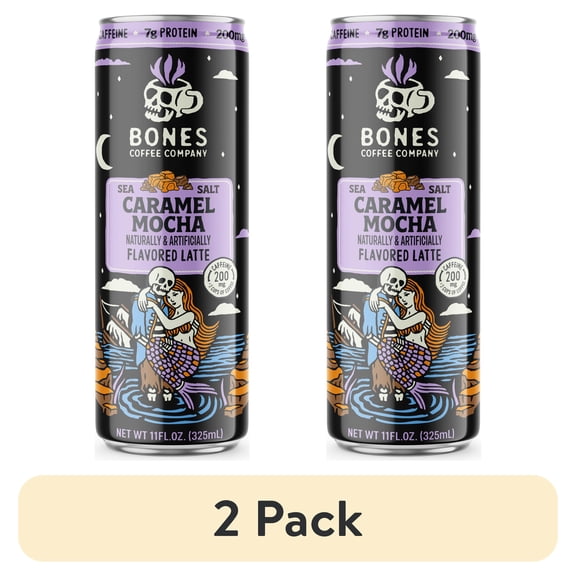 (2 pack) Bones Coffee Company Sea Salt Caramel and Chocolate Flavored Iced Coffee Latte, Ready To Drink Canned Coffee, 11 fl oz Can