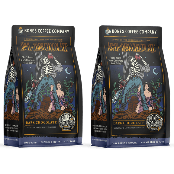 (2 pack) Bones Coffee Dark Roast Ground Coffee | 12 oz Army of Dark Chocolate Dark Chocolate Flavored Coffee
