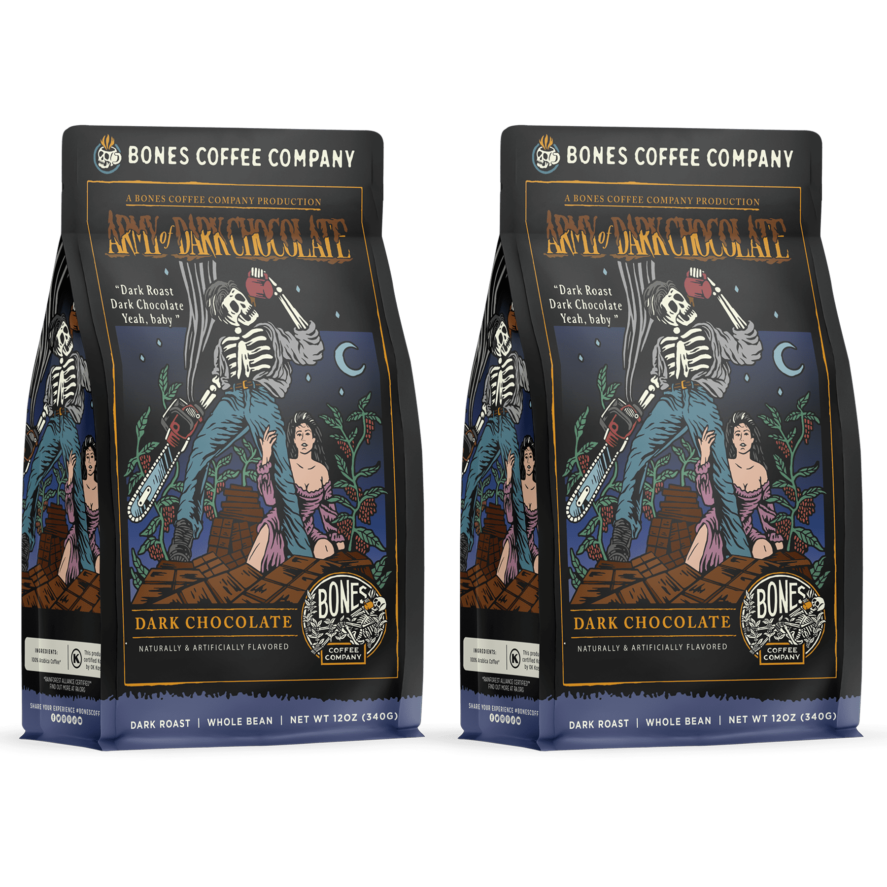 (2 pack) Bones Coffee Dark Roast Whole Bean Coffee | 12 oz Army of Dark Chocolate Flavored Coffee