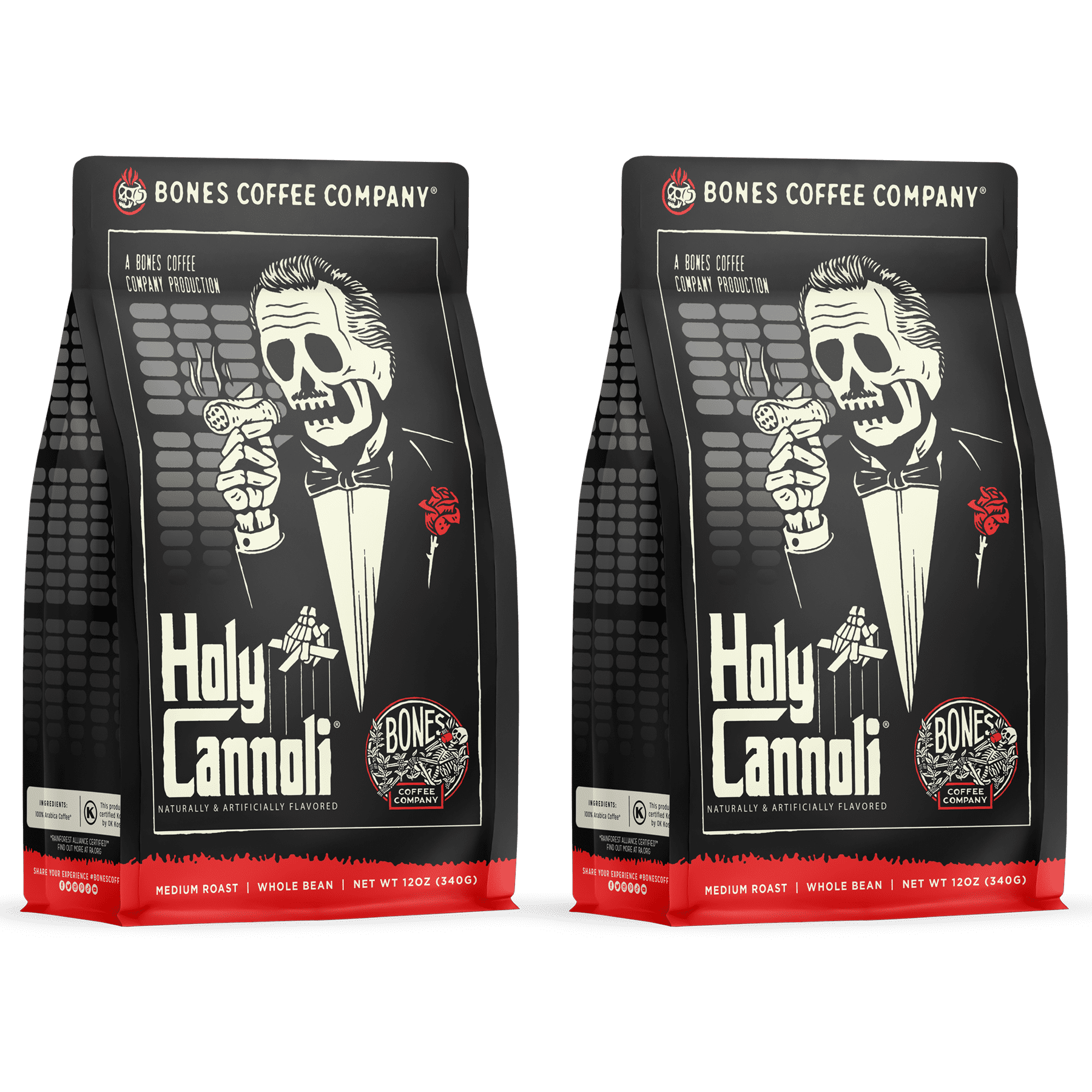 (2 pack) Bones Coffee Medium Roast Whole Bean Coffee | 12 oz Holy Cannoli Fresh Baked Cannoli Flavored Coffee