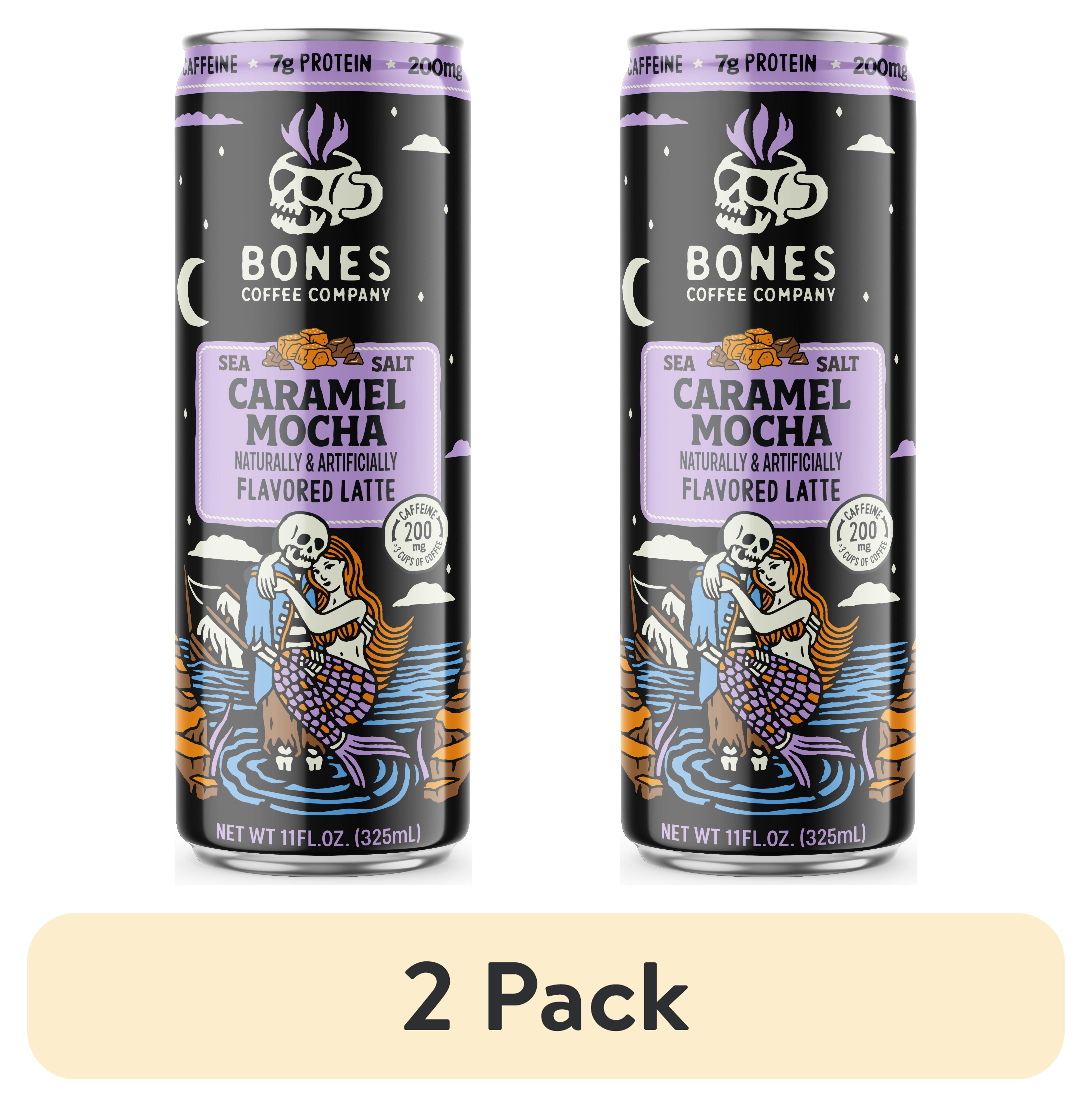 (2 pack) Bones Coffee Company Sea Salt Caramel and Chocolate Flavored Iced Coffee Latte, Ready To Drink Canned Coffee, 11 fl oz Can