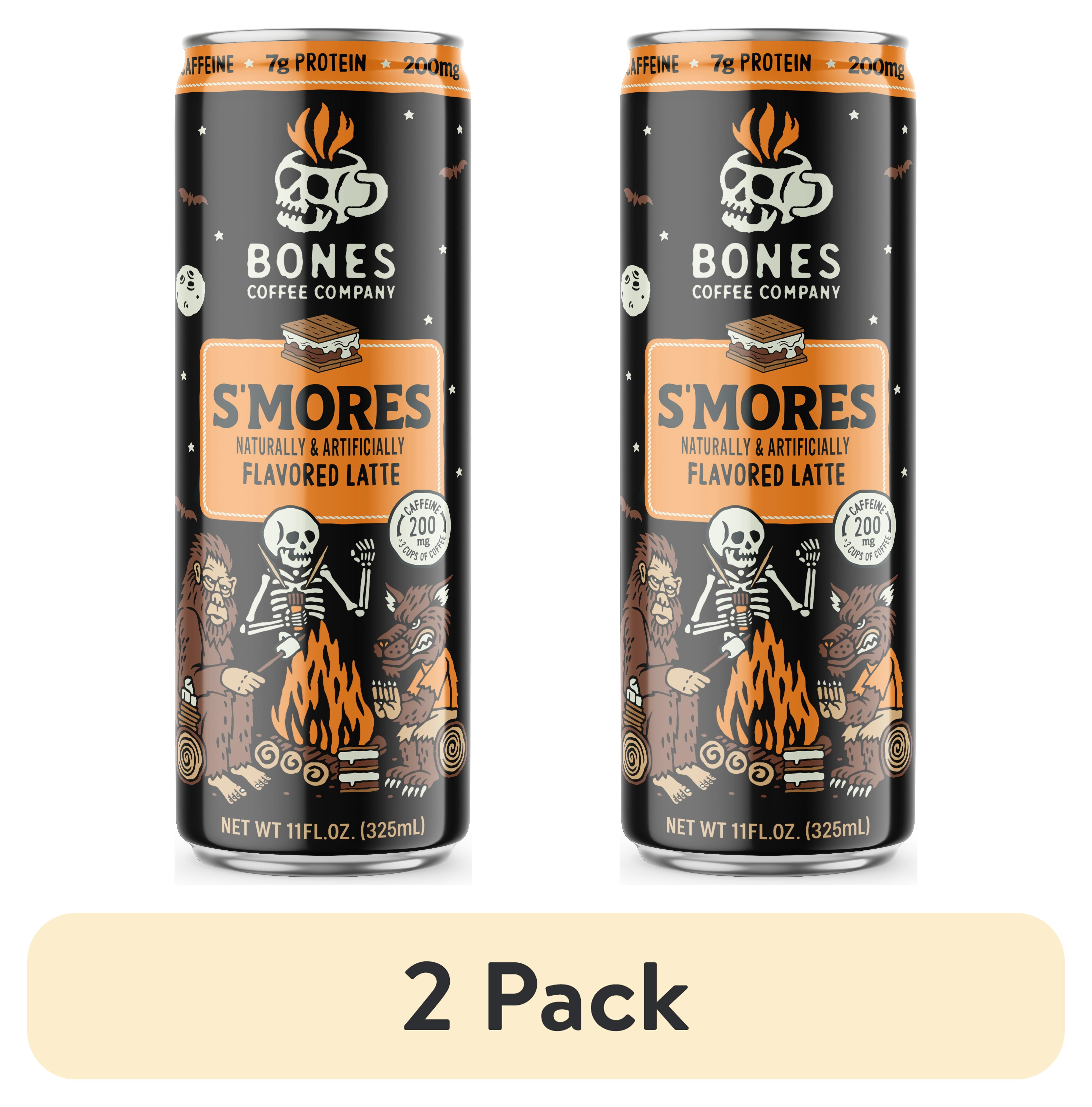 (2 pack) Bones Coffee Company S'mores Flavored Iced Coffee Latte, Ready To Drink Canned Coffee, 11 fl oz Can