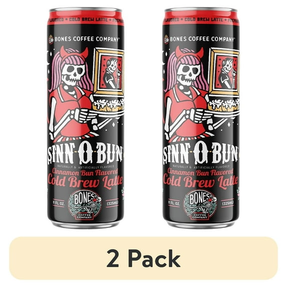 (2 pack) Bones Coffee Sinn-O-Bun Cold Brew Latte Instant Coffee Drink, Cinnamon Bun Flavor, 11 fl. oz. Can
