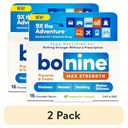 (2 pack) Bonine Max Strength Motion Sickness & Nausea Relief, Chewable Tablets, Peppermint, 16 ct