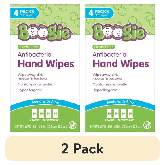 (2 pack) Boogie Antibacterial Hand Wipes, Hypoallergenic & Alcohol-Free, 80 Count